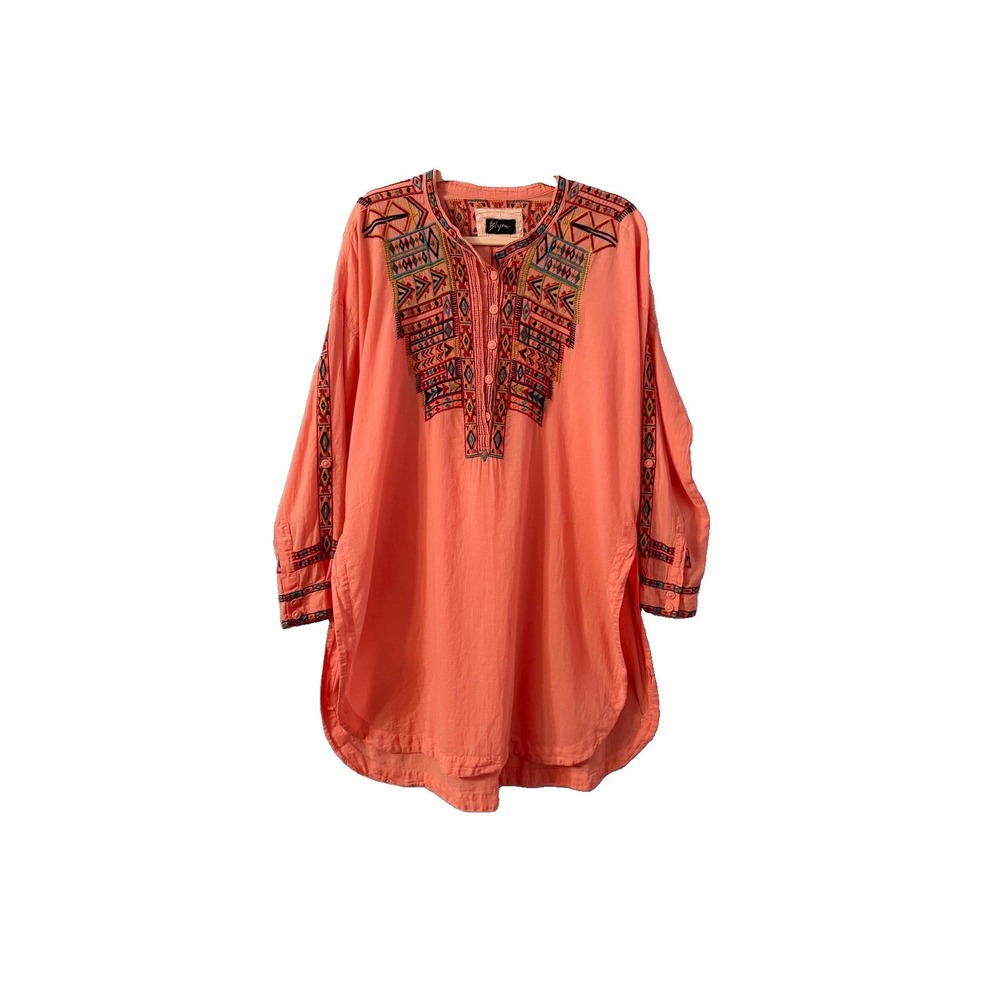 Johnny Was Biya Embroidered Tunic Top Size L XL Cotton Rhea Roll Tab Aztec Boho